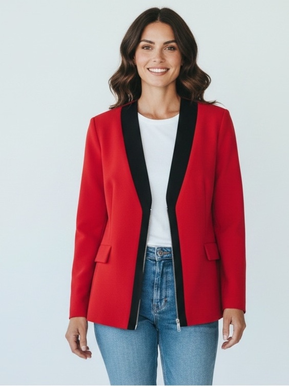 Exclusively Misook Acrylic Zip front Blazer Jacket In Red Black Trim Size Large
